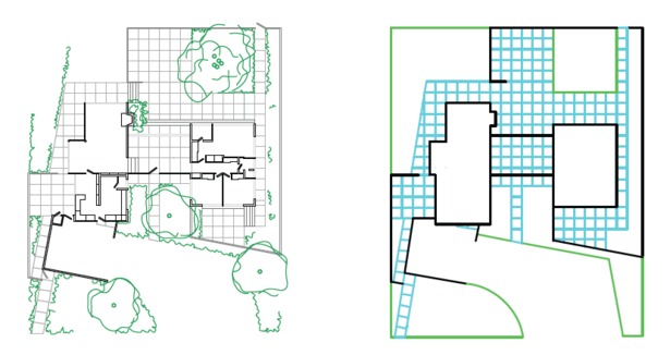 The simplifed plan displayed the H-shape of the house. Also a comparison of indoors and out was visible. 