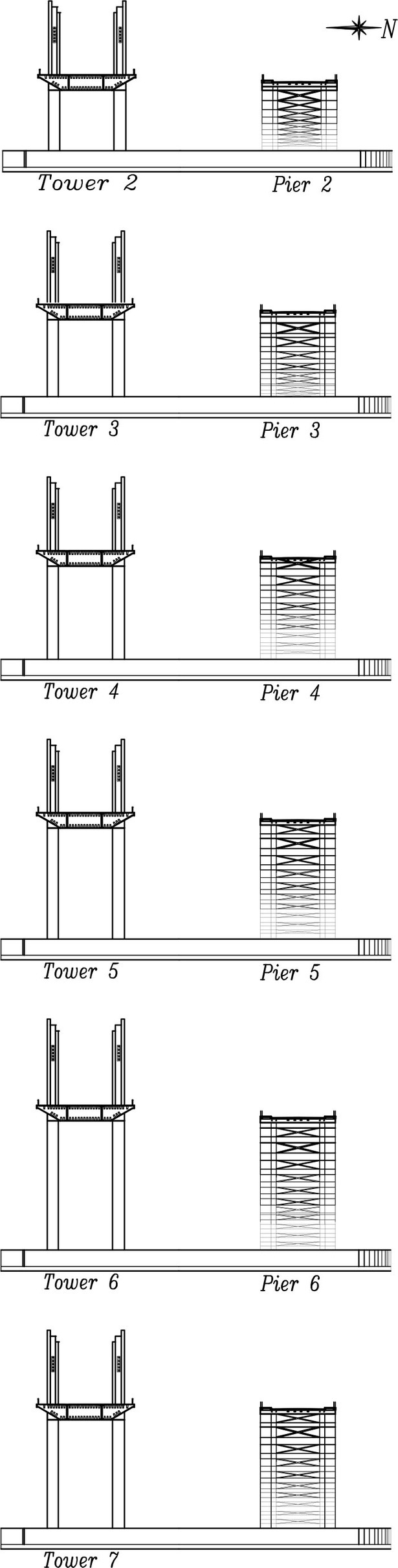 Peace & Friendship Bridges, Towers/Piers 2-7, Transverse X-Sections (CAD)