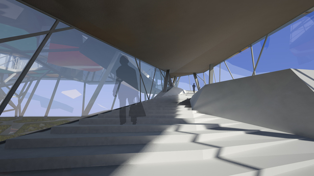 Stairs leading from bottom to top level, with two lounge spaces interspersed.
