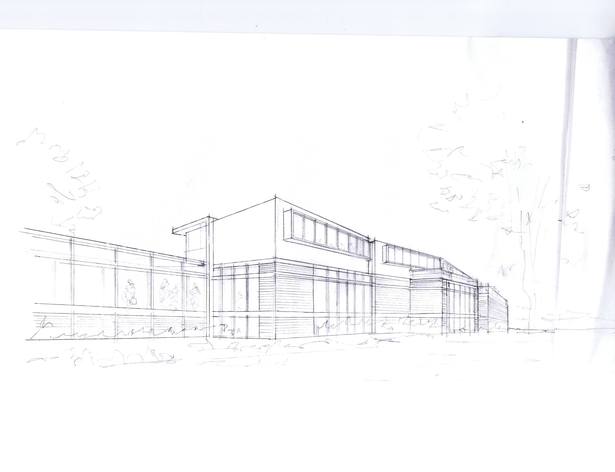 Perspective sketch of an exterior of the building