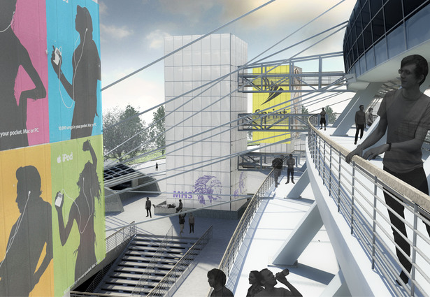 Inverted Stadium. View of Skywalk from Terraced Seating Plate