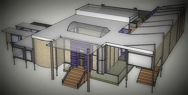 Front entrance with natural pupleheart wood, skylight and subfloor serenity garden, which lies beneath the house