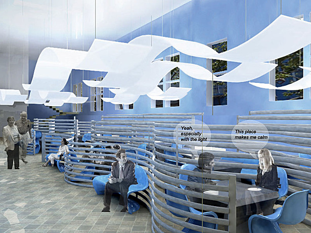 Inspired by waves I design the space to provide a calm, quiet, and intimate eating experience located right under the library space