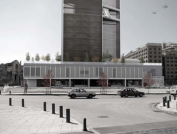 Approach from the east. The existing theater-shell ruin preserved and wrapped by the new raised podium.