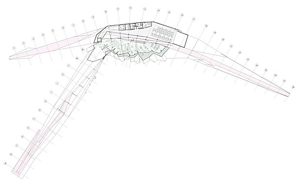 The program coincides with the idea of pedestrian and site interaction, in turn the building houses a Public Library (top floors) as well as an Atmospheric Research Center (bottom floor) counteracting the harmful freeway infrastructure. As the pedestrians move along the path over the freeway the public and private merge where the research labs are visually connected to the pedestrian. Within the public spaces the site is also experienced and framed through the protrusions. 