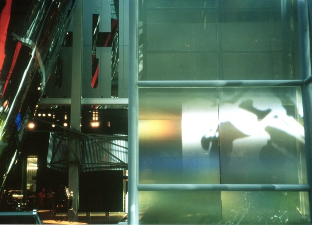 interior photograph of exhibit, video projection on polarized film