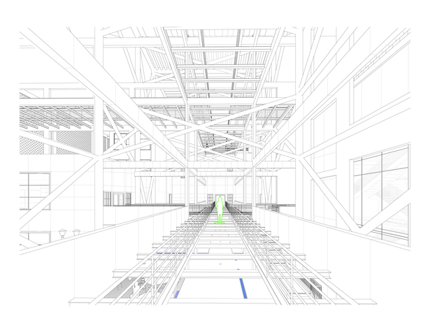 line drawing of the view from the first floor bridge, connecting the buildings