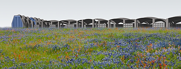 Memorial Space and Mausoleum across field of flowers