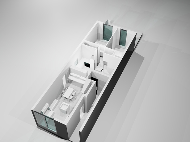 3D image front facade (common areas) towards the back (bedroom area)