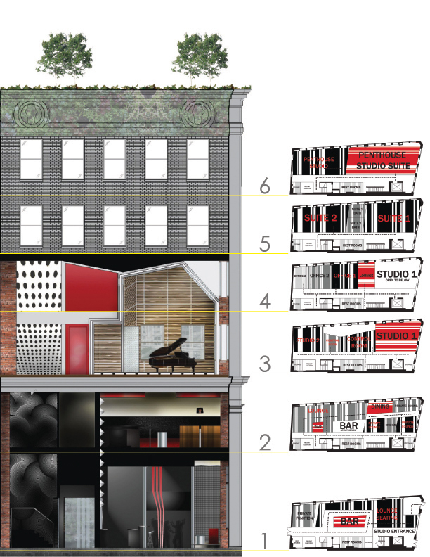 Multiple studio configurations encourages ownership and accommodates recording artists with a variety of public, semi-public, and private spaces to be inspired in. Flexibility and permeability between spaces allows for each space to be experienced in many ways.