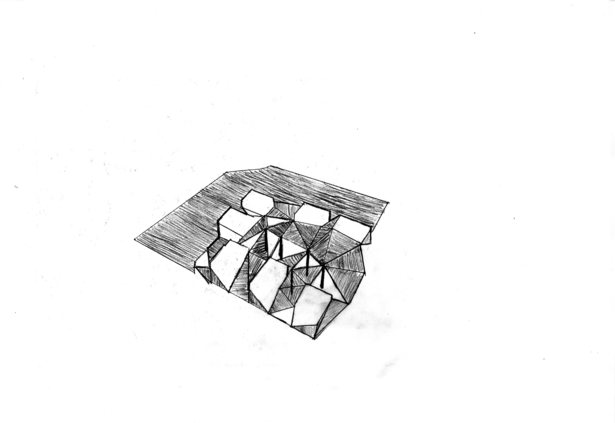 This is a hand drawing showing the initial stage of the vine canopy which would also grow over time to cover the public in between spaces, which could be opened monthly to showcase current works of art.