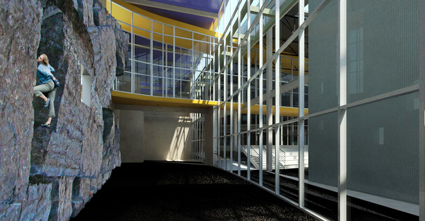 Rock Climbing Wall with elevated ramp cutting through