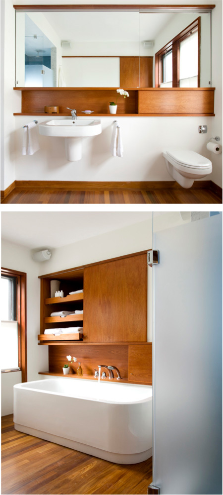 Top: Bathroom View Bottom: Bathtub with open sliding cabinet