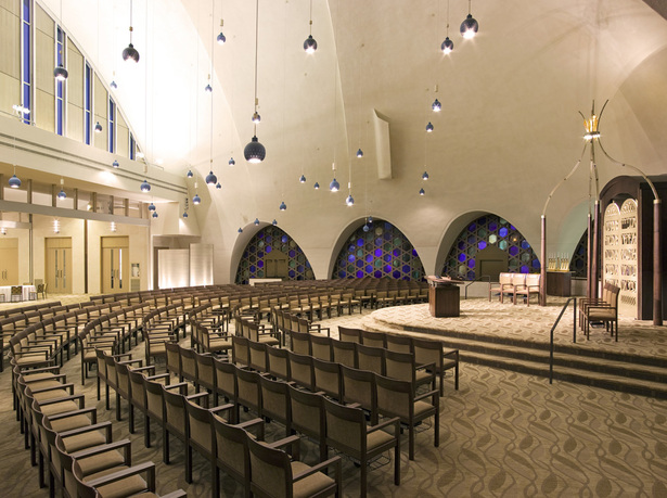 Nighttime view of Sanctuary looking toward Social Hall
