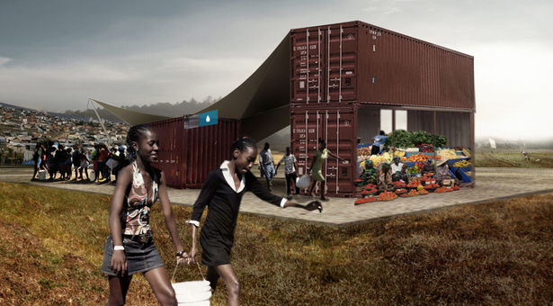 Rainwater collector with co-op grocery store with produce from community farm