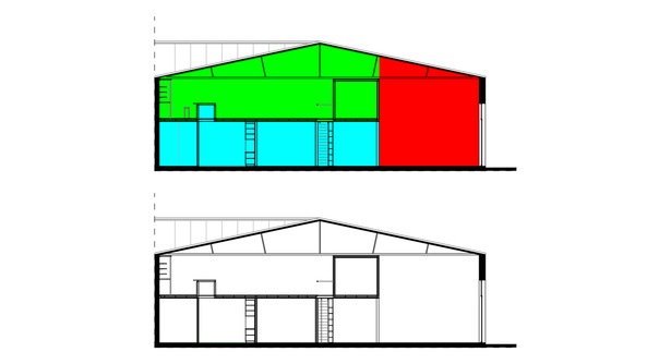 functional diagram: red-IDStore; cyan-shared spaces; green-open work space