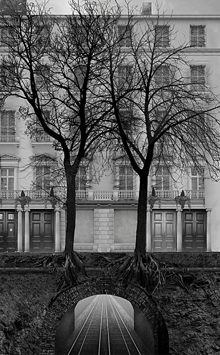 Photoshopped section through Leinster Gardens towards existing false facade
