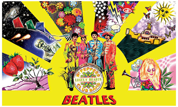 This piece is a psychedelic poster design of the Beatles Sgt. Pepper album/persona/concept.