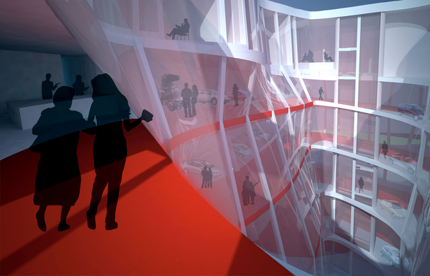 The beginning of the procession begins from the top in the museum and ramps down the red circulation ramp.