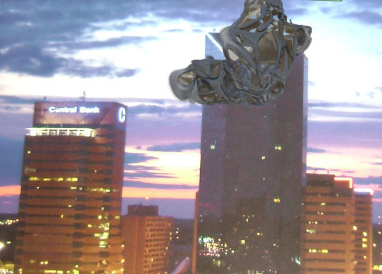 A night shot of the casino and the Fifth Third Building. The casino stood out against the rectangular cityscape of surrounding buildings.