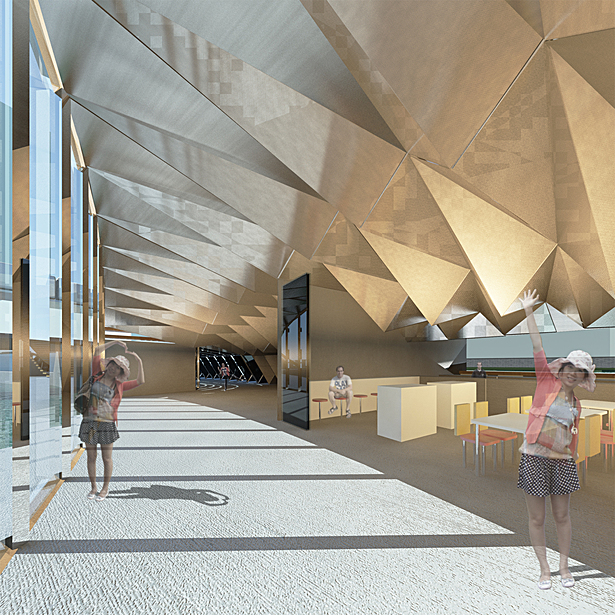 From the interior you can experience the dam's unique folding sturcture visible in it's undulating cieling.