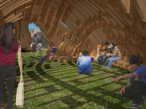 Visitors interact with real-time audio and visual data transmitted from the “smart buoys” in Minneapolis’s lakes. Curvilinear benches emerge from the pavilion’s interior walls, inviting visitors to relax and experience Minneapolis LakeForms.