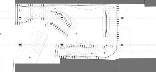 Plan _ The site is then inhabited by two wagons. The first front section of each one offer the chance, at night, to artificially illuminate the entrance area, where visitors can gather (standing or seating) while enhancing the presence of the pavilion by transforming it into a street event, letting passers by know of its presence. Disable access is provided by means of a ramp leading up to the podium from which the visitor can access one of the wagons or get through to the interior central...