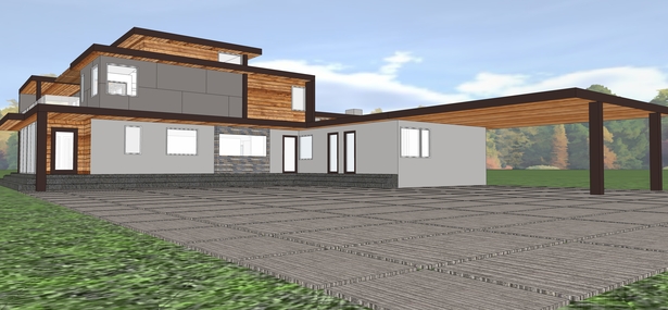 The exterior cladding plan, designed by Ms. Page with my contributions, is redwood, Hardiplank, and stucco, in harmonious proportions.