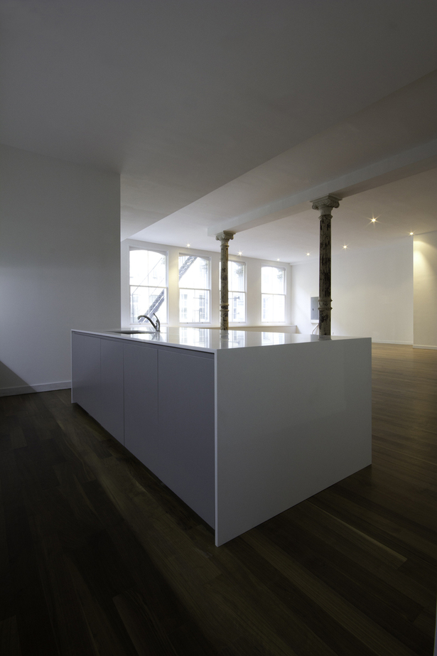 GLAM Kitchen: smooth matte gray Lacquer and CaesarStone quartz countertop.