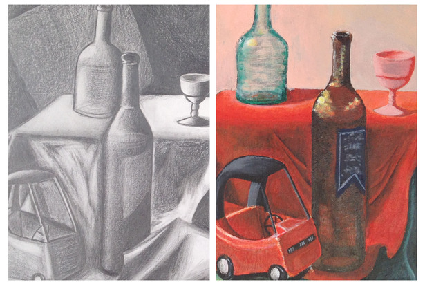 Still life, left, pencil drawing; right, acrylic