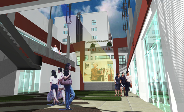 Concept - Retail Redo_Movie Screen, Wind Turbines, Community space