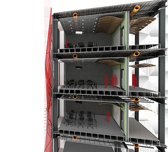 Section perspective through conference rooms and faceted facade