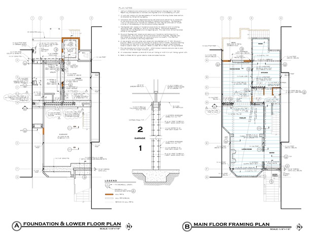 Ground and main level plans, structural detail. 