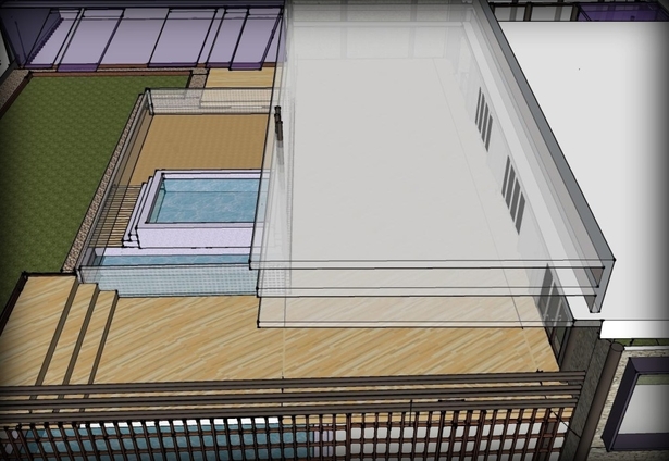 first floor terrace and rooftop garden overlooking swimming pool and jacuzzi at subfloor level