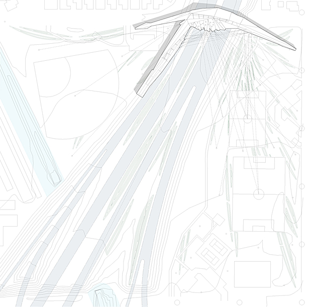 The site plan diagrams the building interaction with site, freeway infrastructure and the juxtaposition over the freeway.