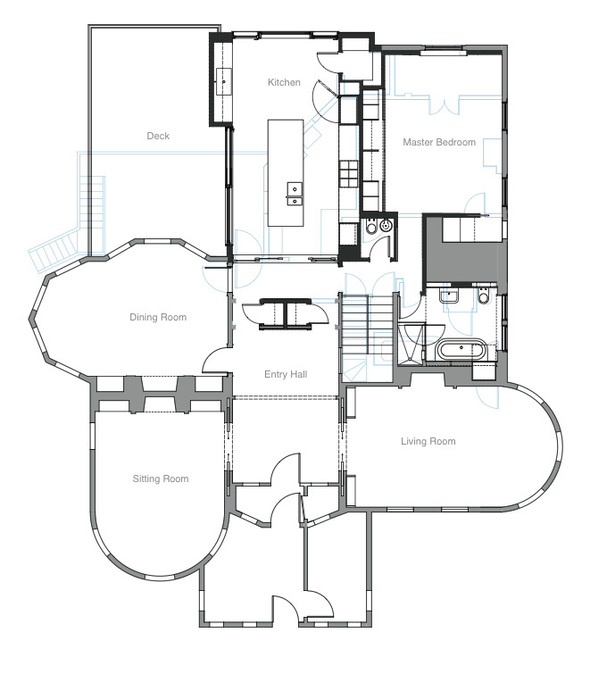 Ground Level Plan: Added construction in black, removed construction in blue, and remaining existing construc- tion in gray.