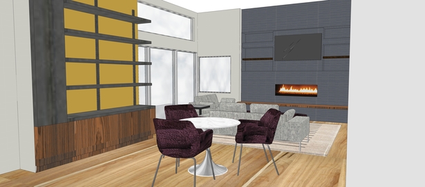 The open plan family room flows from the dining room, and is crowned by a floating fireplace in a dramatic dark plaster mantle.