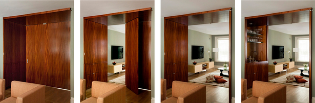 Threshold door in progressive stages of openness
