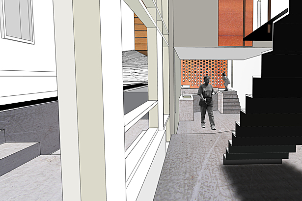 the bedroom is suspended over the modest kitchen/living space