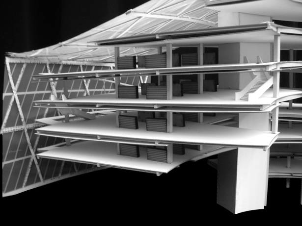 sectional model of project showing book stacks and reading spaces