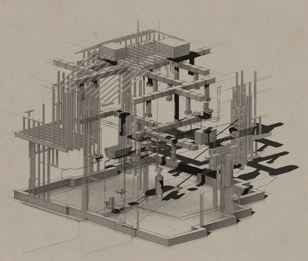 Hybrid drawing of a suburb house