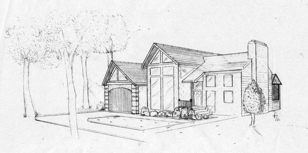 Two point perspective exterior of my design proposal, pen on paper, 8.5