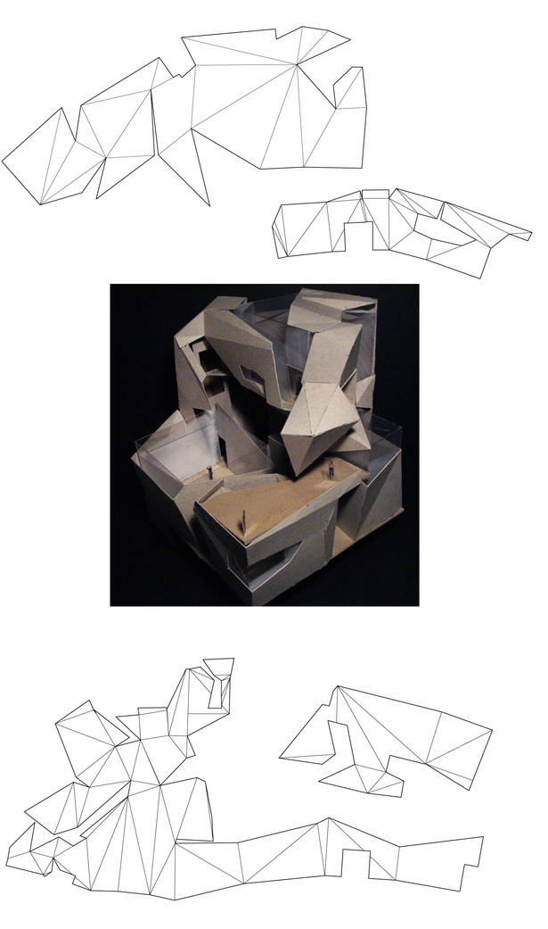 building model (chipboard, styrene) and model templates (Rhino 3D, Adobe Illustrator)