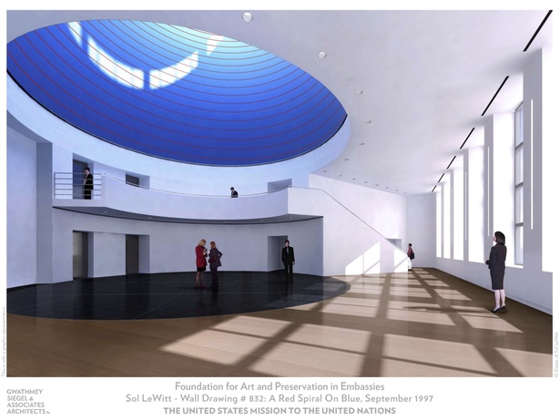 Rendering: Sol LeWitt, Wall Drawing #832: A red spiral line on 2010, 40 x 126 ½ feet, Acrylic paint, An anonymous gift to the Foundation for Art and Preservation in Embassies: