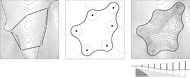 Input from the selected site is feed into the parametric seed. The seed processes this information and returns a series of related node based on the input and a set of relationship parameters. This information is further processed to generate a surface that responds the topological variations with consideration to the node sets.