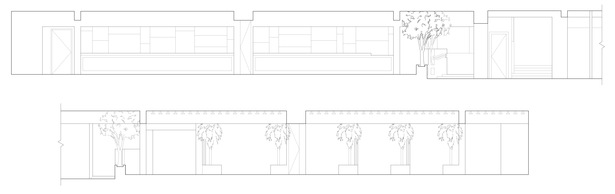 Elevation of bar and entrance above, and elevation of VIP sections below
