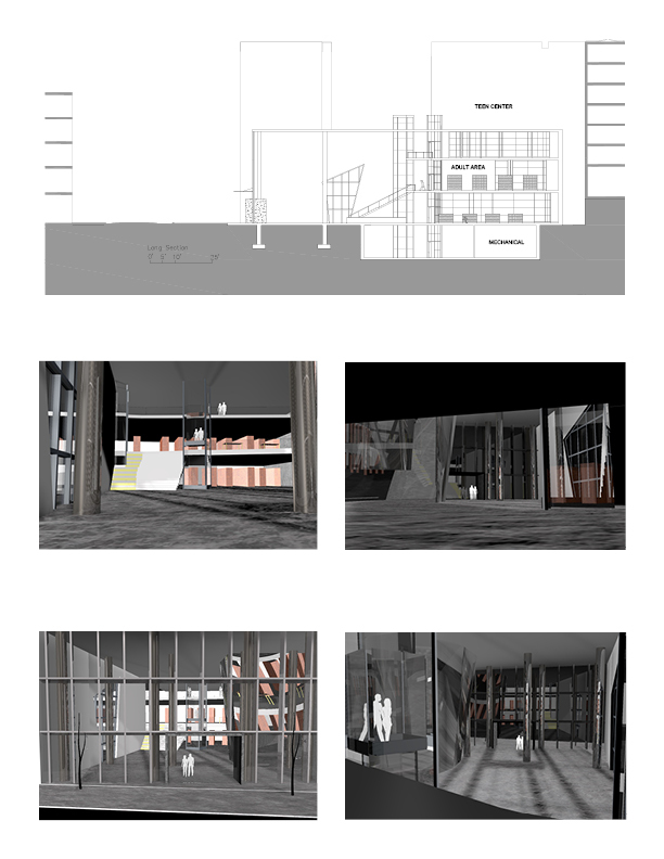 Renderings and a section of the library.