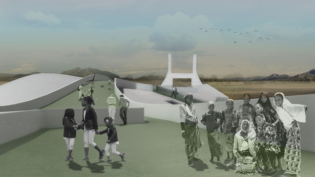 Rendering of roof garden, looking west towards city gate.