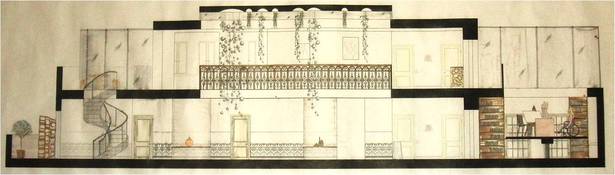 Section of a 2 floor apartment for actress Julie Delpy (owner on wheelchair). I decided to make her study completely movable between the two floors to facilitate movement for her. The entire floor and its furniture moves as an elevator would and the bookcases serve as the frame. Also created a pattern along the long corridors to bring the space together nicely. 
