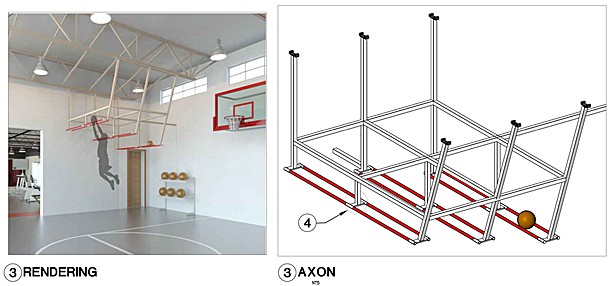 Schematic of pull-up bar in strength training area. image © Molzen Corbin